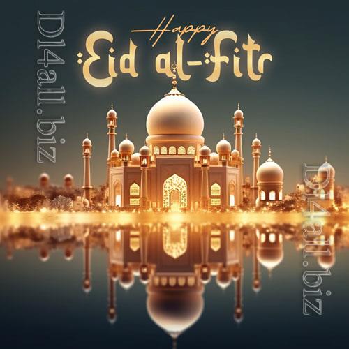 3d render happy eid alfitr social media psd post with mosque in the background