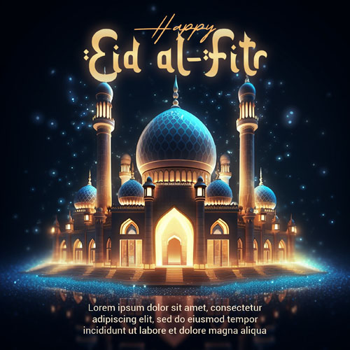Psd 3d render happy eid alfitr social media post with mosque