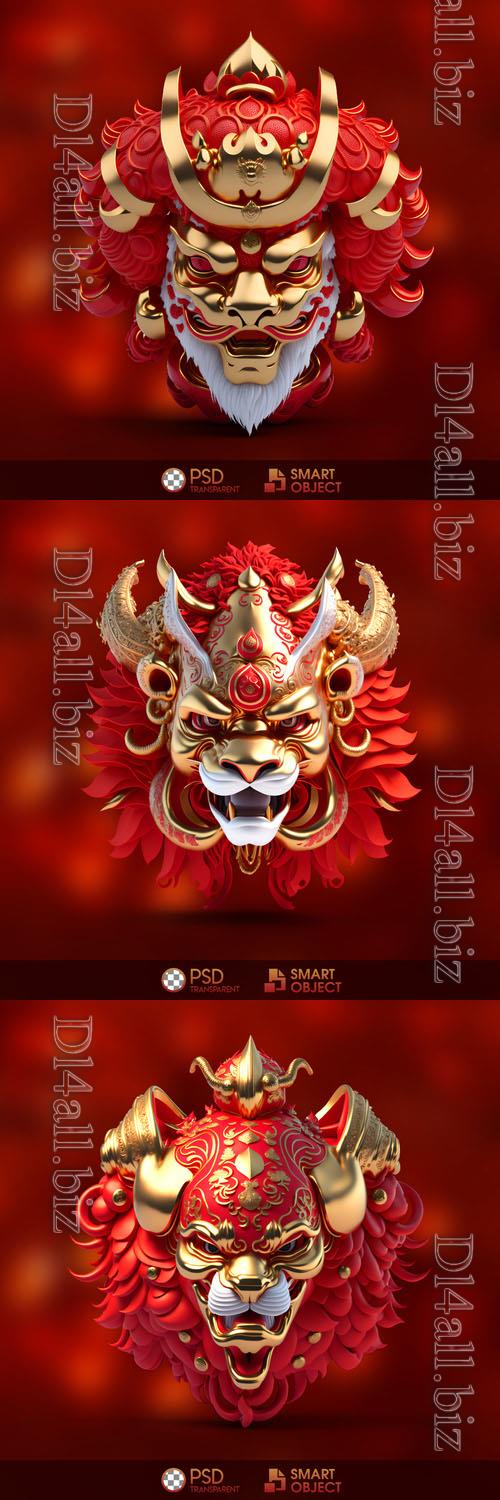Chinese dragon, red and gold lion head with gold accents and a gold crown