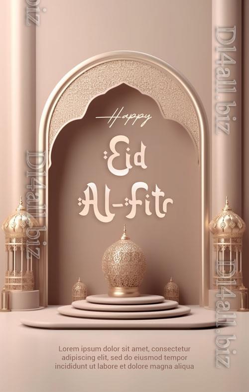 Happy eid alfitr psd poster with islamic background 3d render
