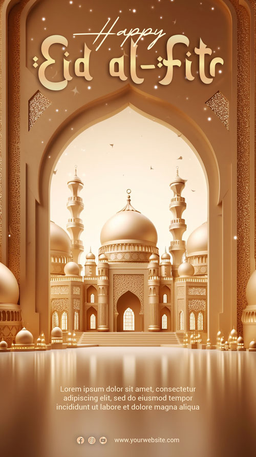 Happy eid alfitr psd poster with mosque background 3d render