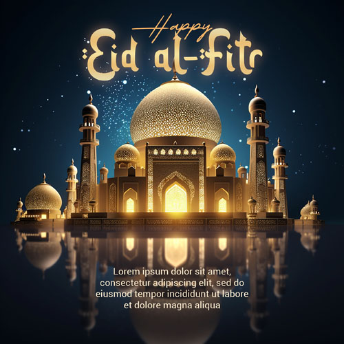 Psd 3d render happy eid alfitr social media post with mosque in the background