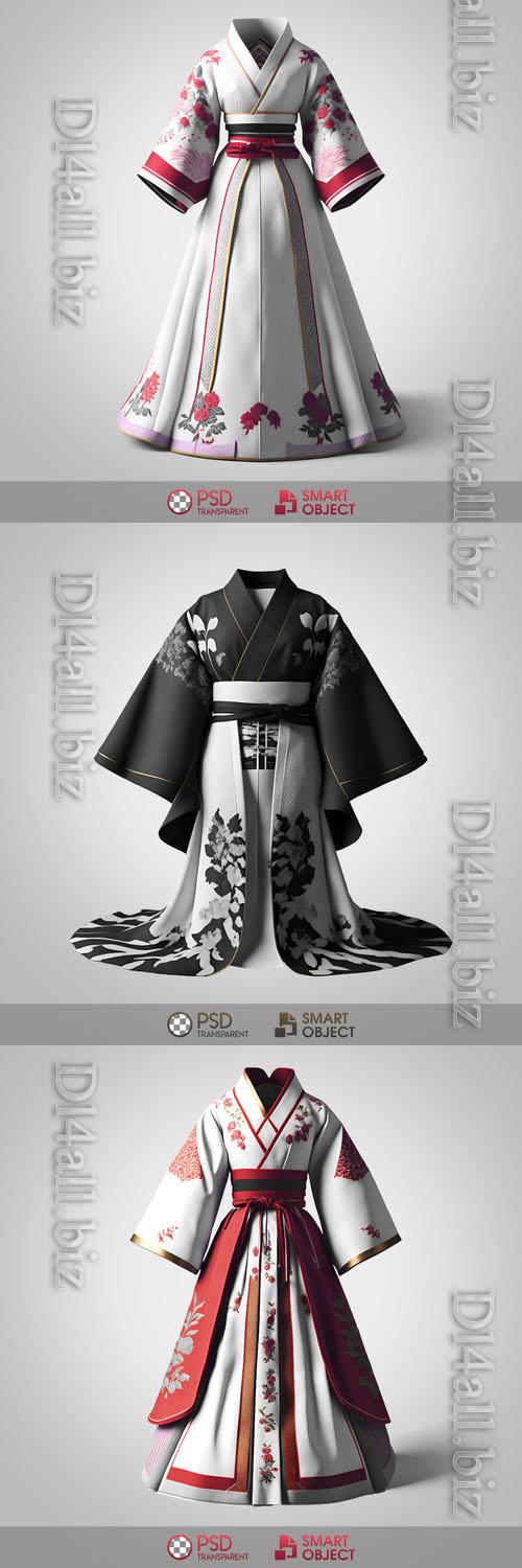 Black and white kimono, dress with flowers in psd