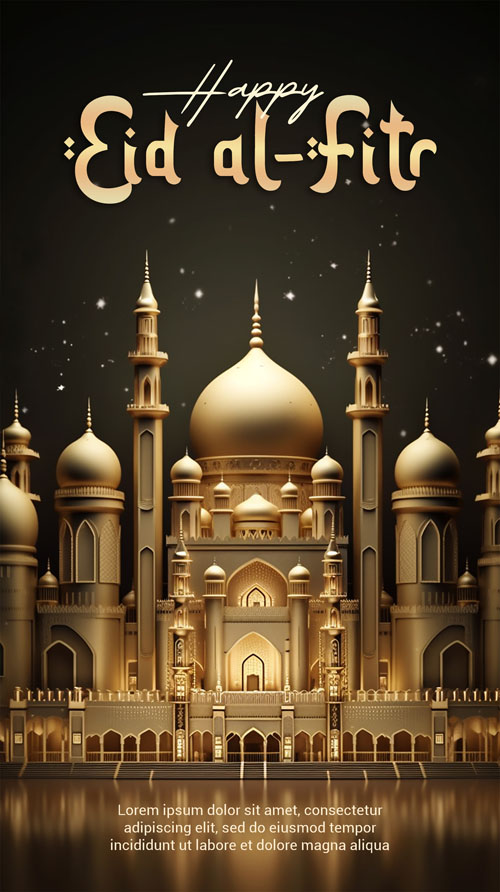 Psd 3d render happy eid alfitr poster with mosque background