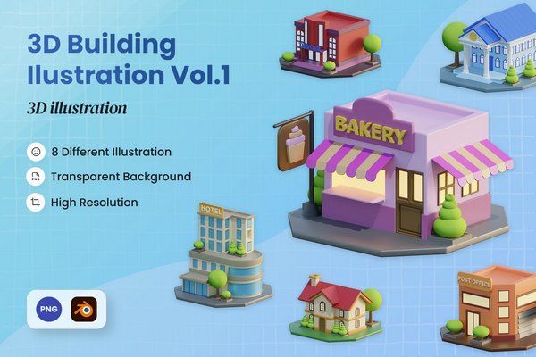 Creative Market - 3D Building Illustration Vol.1 - 7440459 (BLEND, PNG)