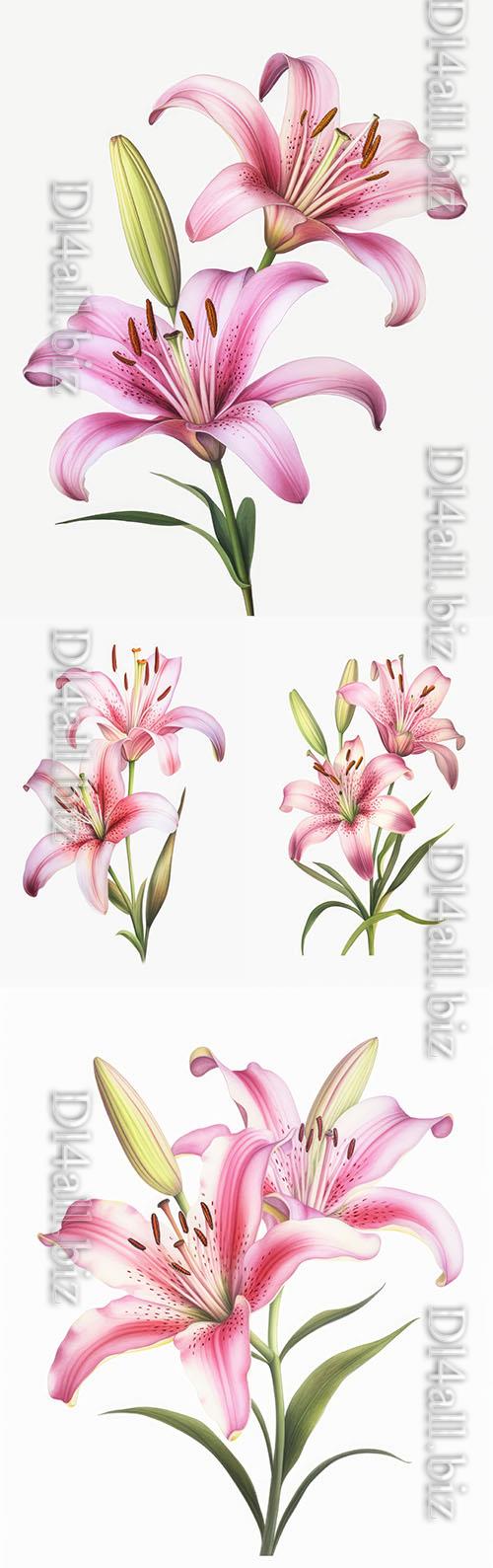 Photo picture of pink lily flowers on white background