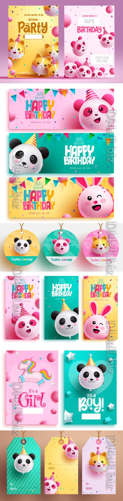 Happy birthday vector banner set,  birthday greeting card with inflatable character