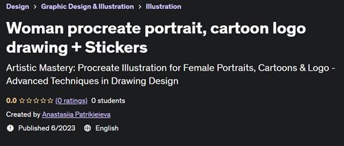 Woman procreate portrait, cartoon logo drawing + Stickers