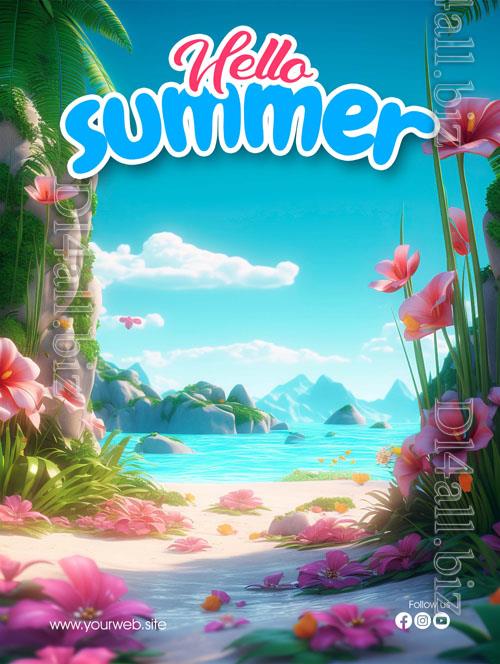 Psd poster with a blue background that says hello summer on it