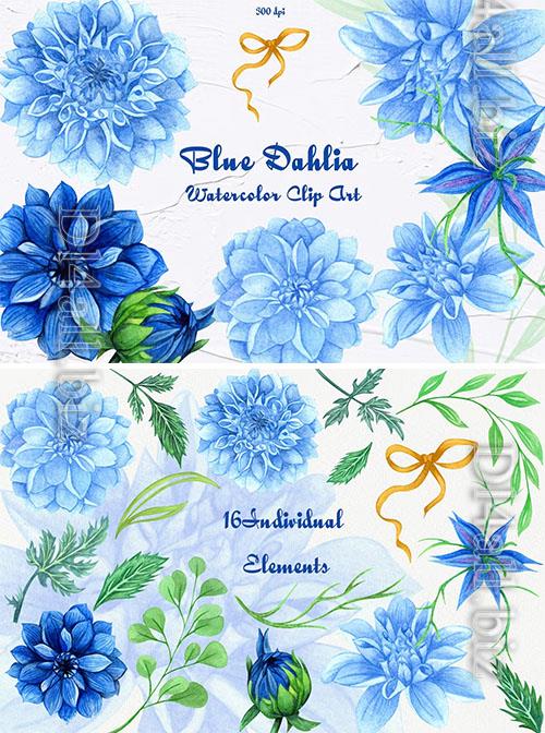 Blue Dahlia Watercolor Clipart [PNG]