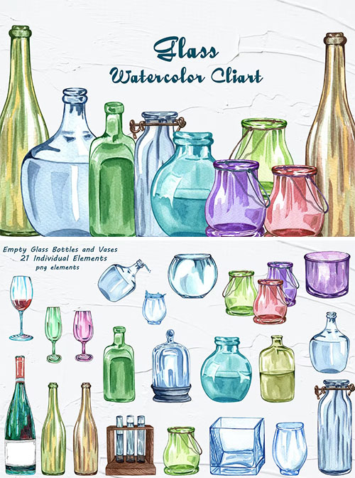 Bottle Glass Watercolor Clipart [PNG]