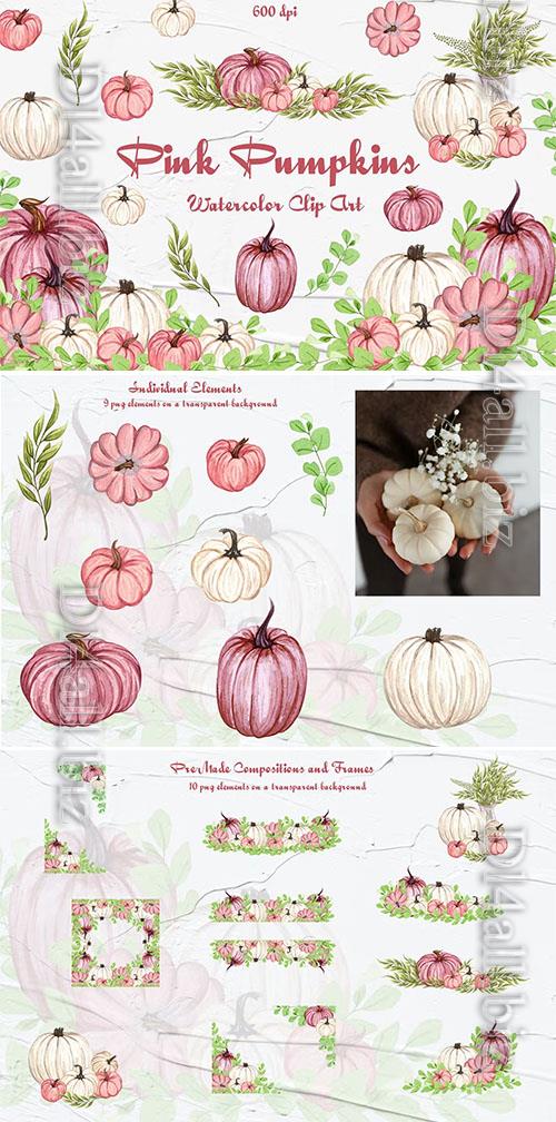 Pink Pumpkins Watercolor Clipart [PNG]