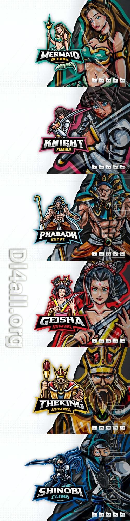 King, shinobi, pharaoh, mermaid, geisha, female knight, mascot logo design