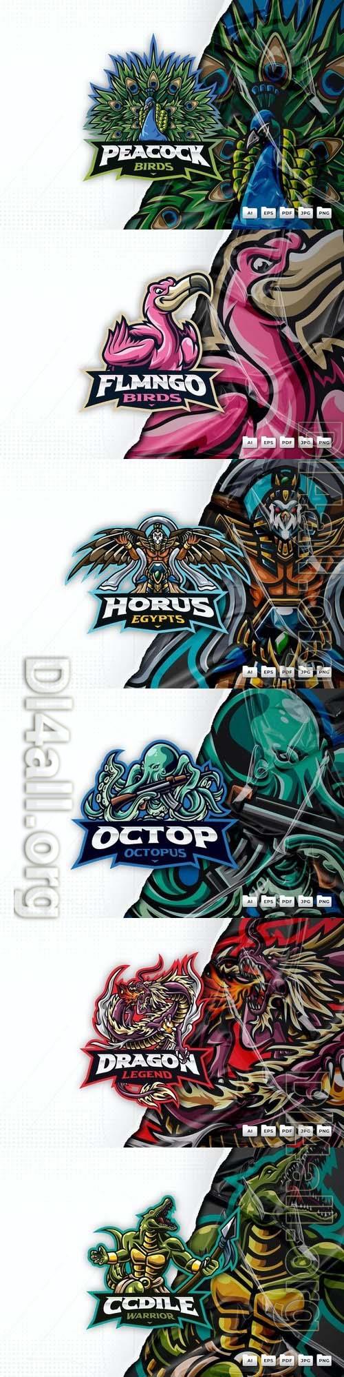 Peacock, octopus, horus, flamingo, dragon, crocodile, mascot logo design