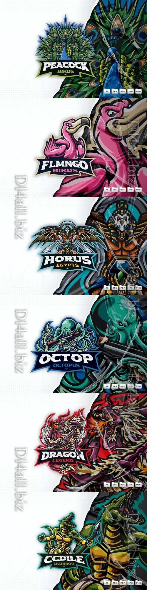 Peacock, octopus, horus, flamingo, dragon, crocodile, mascot logo design