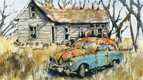 Pen and Wash Essentials – Old Car and Building Scene