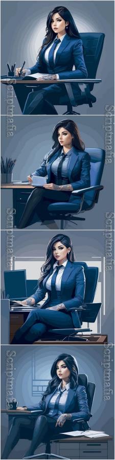 Vector tattooed executive sitting on office chair illustration