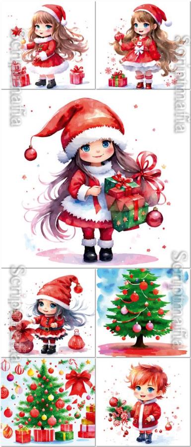 Vector a detailed small cute gnome girl holding christmas decor candy wearing a red outfit