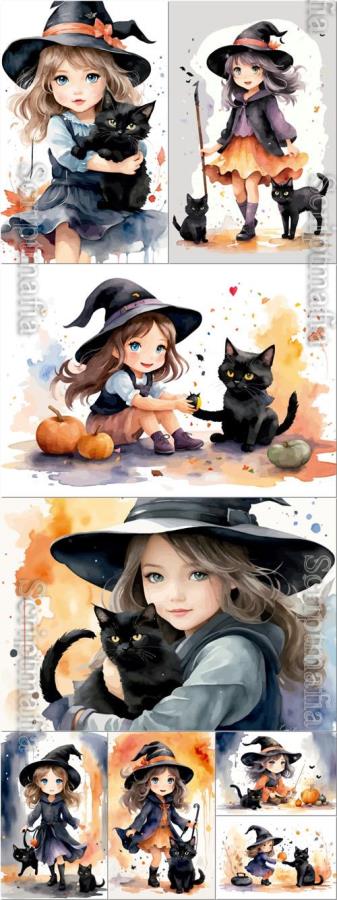Vector watercolor illustration of cute little witch a cat