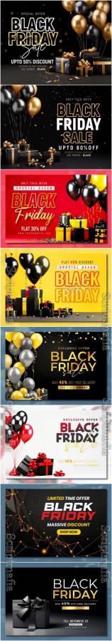 Black friday sale banner with realistic 3d gifts and balloons in psd vol 1