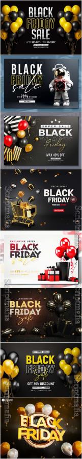 Black friday sale banner with realistic 3d gifts and balloons in psd vol 2