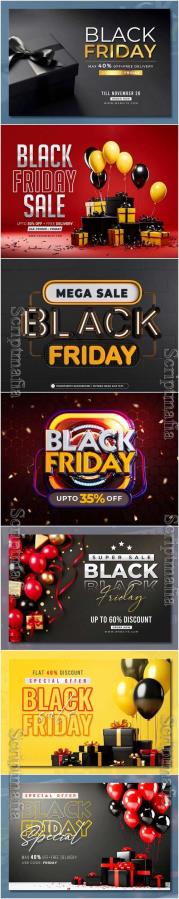 Black friday sale banner with realistic 3d gifts and balloons in psd vol 5