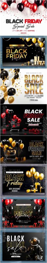 Black friday sale banner with realistic 3d gifts and balloons in psd vol 3