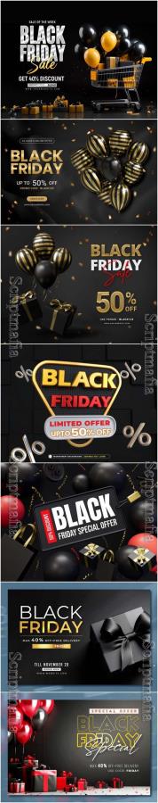 Black friday sale banner with realistic 3d gifts and balloons in psd vol 6