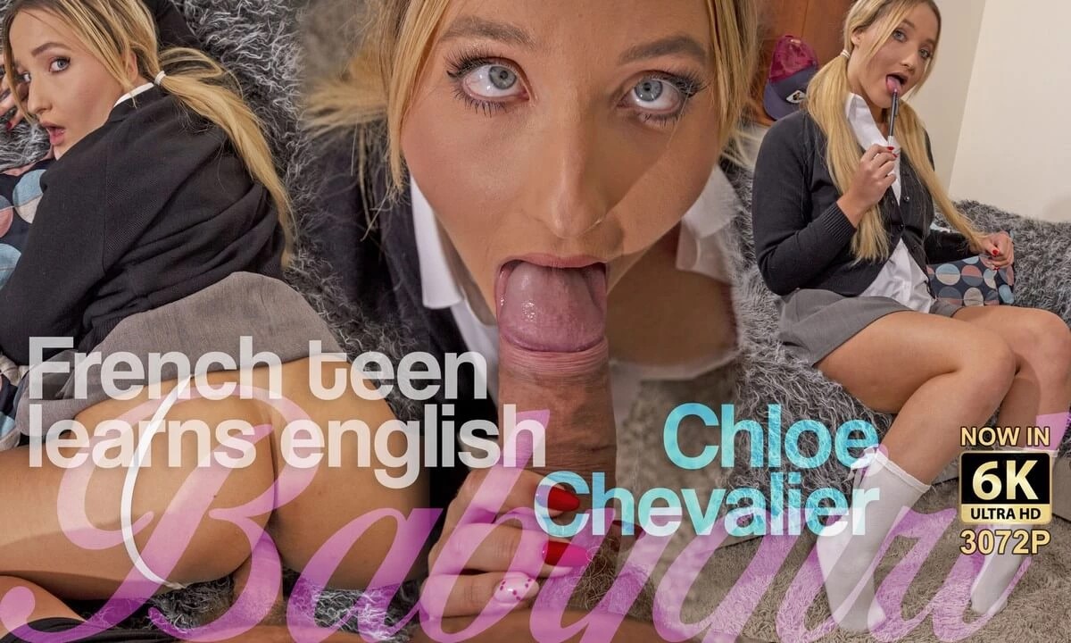 [perVRt / SexLikeReal.com] Chloe Chevalier - French Teen Learns English [02.10.2023, Blonde, Blow Job, Clothed Sex, Deep Throat, Doggy Style, English Speech, French, Gagging, Hardcore, High Socks, Pigtail, Ponytail, Pov, Shorts, Skirts, Virtual Reality, S