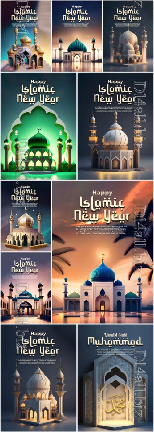 PSD happy islamic new year majestic 3d mosque and enchanting lantern decorations