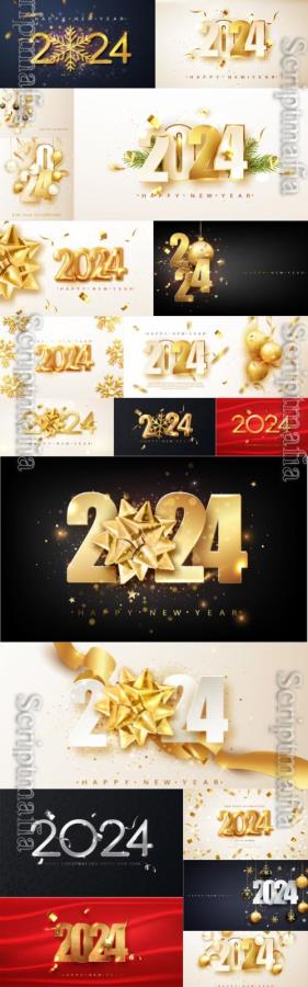 20 Happy new year holiday 2024 gold numbers design of greeting vector card