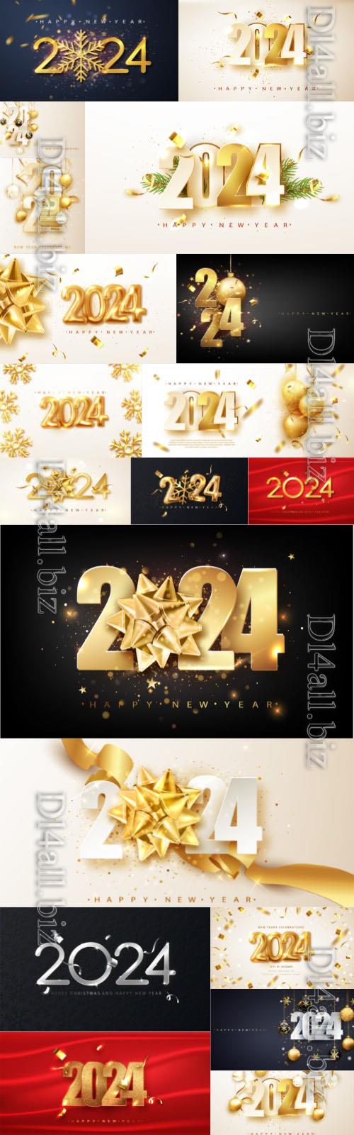 20 Happy new year holiday 2024 gold numbers design of greeting vector card