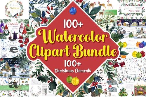 Watercolor Christmas Big Clipart Bundle - 23 Premium Graphics