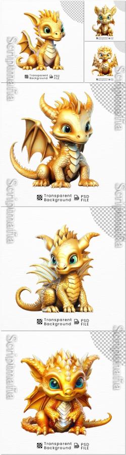 PSD cute cartoon golden dragon png transparent background