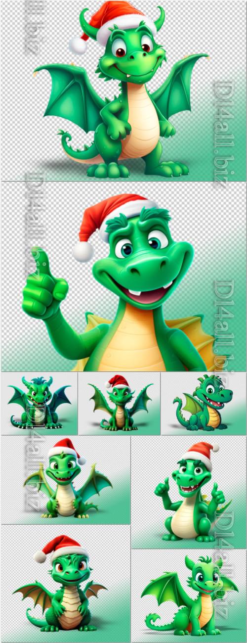 Green cartoon dragon on a transparent background in psd