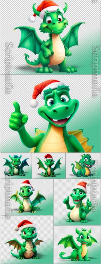 Green cartoon dragon on a transparent background in psd
