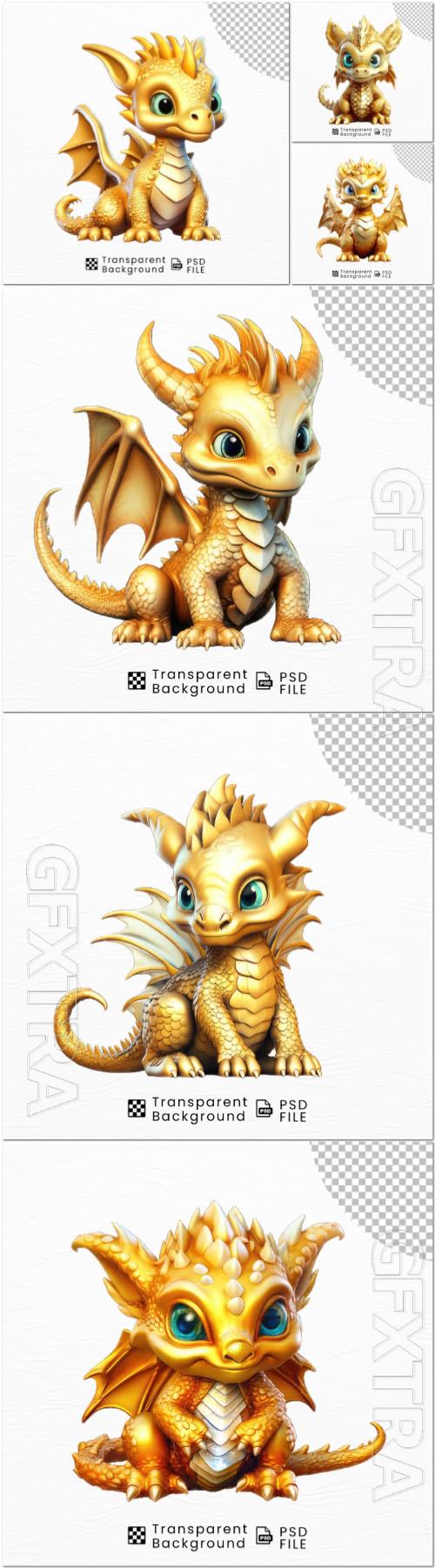 PSD cute cartoon golden dragon png transparent background