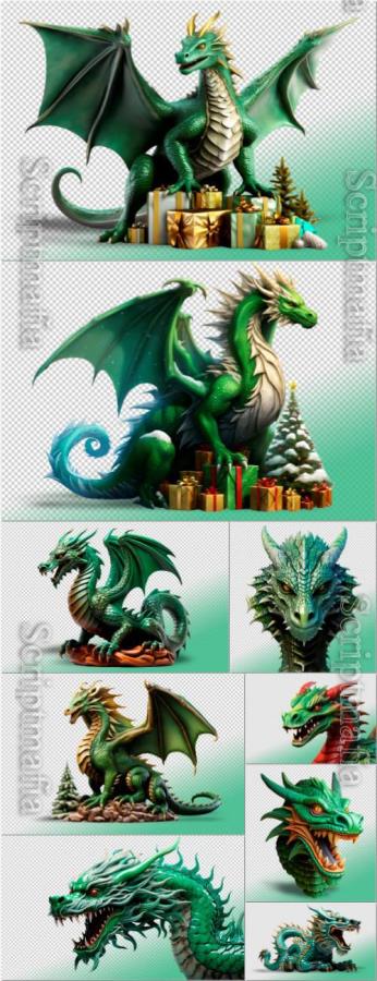 Green dragon on a transparent background in psd