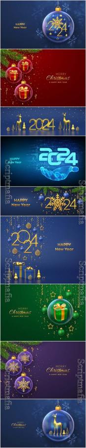 Happy new year 2024 hanging golden numbers, vector 3d stars balls confetti