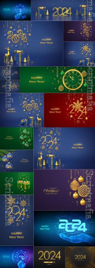 Happy new year background, Merry christmas greeting card gift box with golden bow in a glass with hanging bauble and glitter lights vector illustration