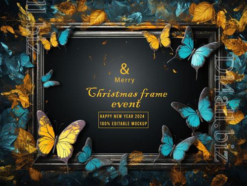 PSD merry christmas greeting in a frame background mockup vol 23