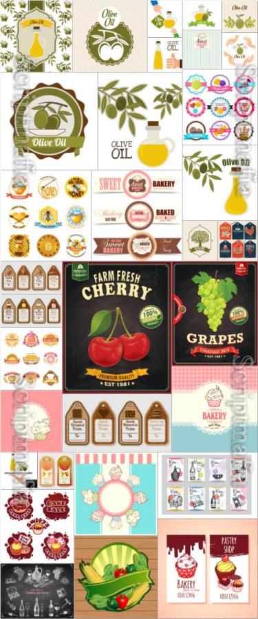 Food labels set, vegetables, fruits, ice cream in vector