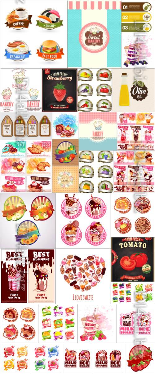 Labels, food, vegetables, fruits, ice cream in vector set