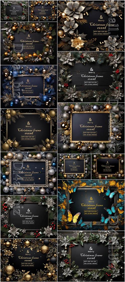 15 Merry christmas greeting background in a frame mockup psd