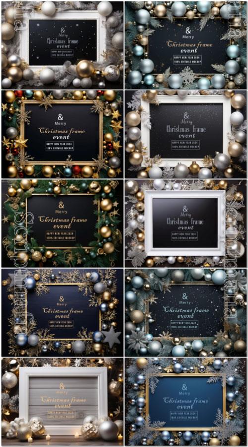 10 PSD merry christmas greeting in a frame background mockup