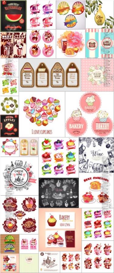 Food labels, vegetables, fruits, ice cream in vector set