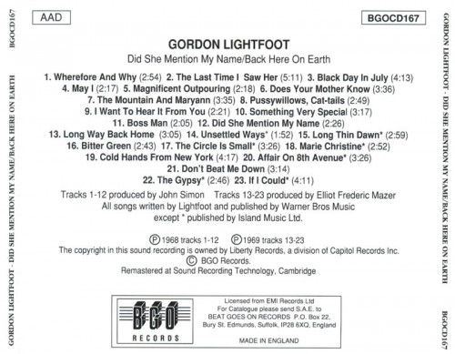 Gordon Lightfoot - Did She Mention My Name / Back Here On Earth (1968) Lossless