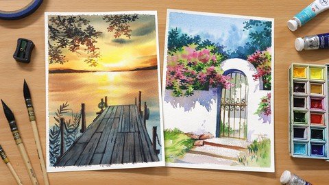 Watercolor Landscapes Paint A Colorful Garden And Sunset