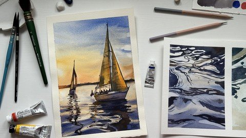 Watercolor Sea – Painting Sunset And Water Reflection